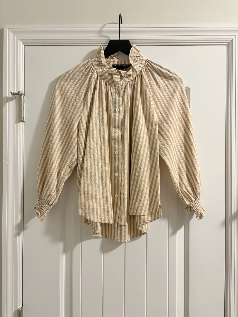 Veronica Beard Beige and White Striped Ruffle-Neck Button Blouse